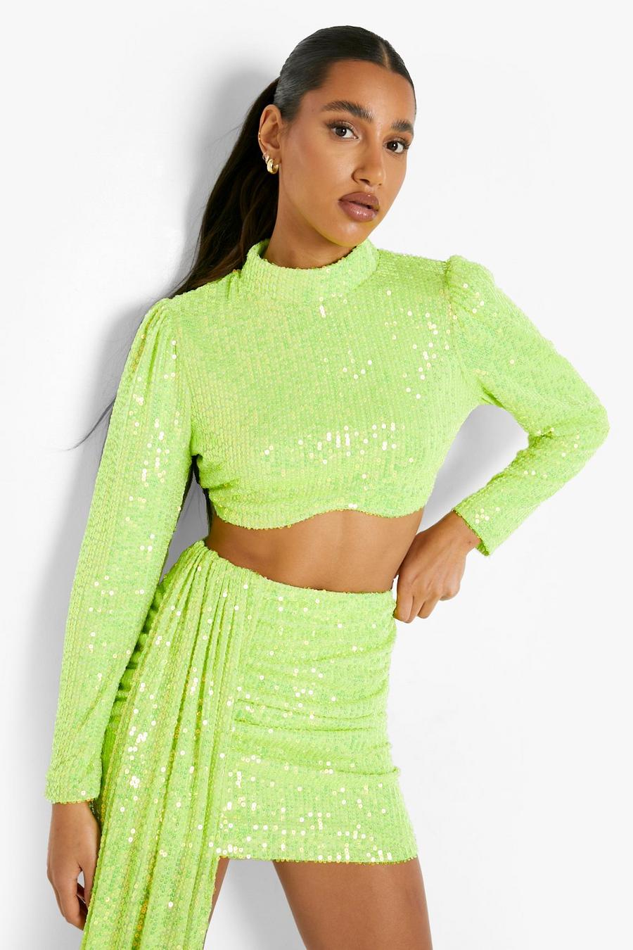 Minigonna drappeggiata su un lato con paillettes in colori accesi, Neon-green image number 1