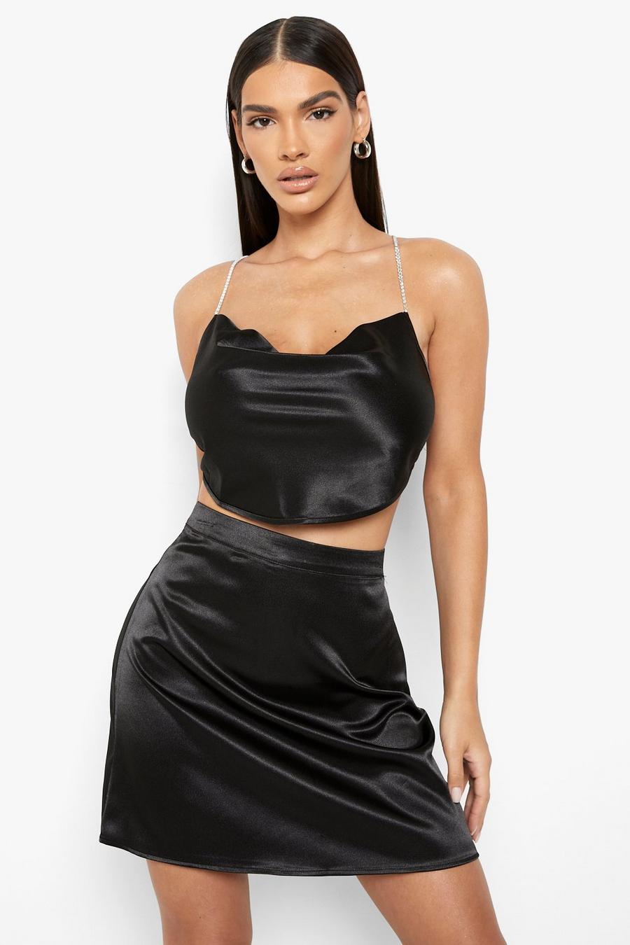 Black Satin Diamante Strap Cowl Cami & Mini Skirt image number 1