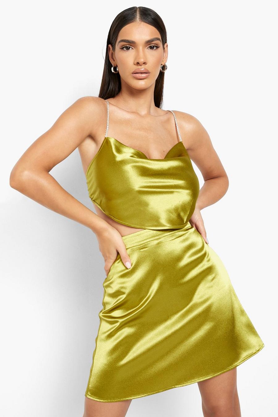Chartreuse yellow Satin Diamante Strap Cowl Cami & Mini Skirt
