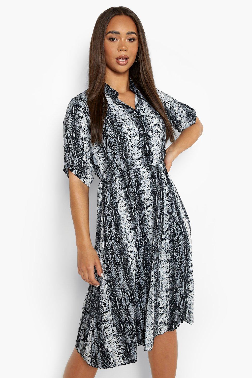 Snake Print Pleated Midi Shirt Dress