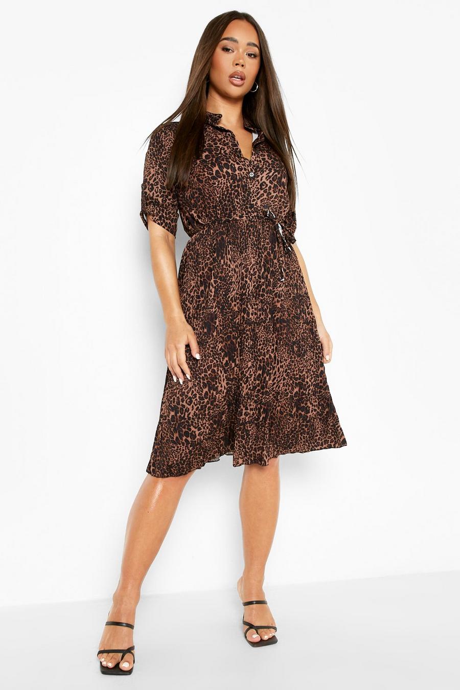 Chocolate brun Leopard Print Pleated Midaxi Shirt Dress