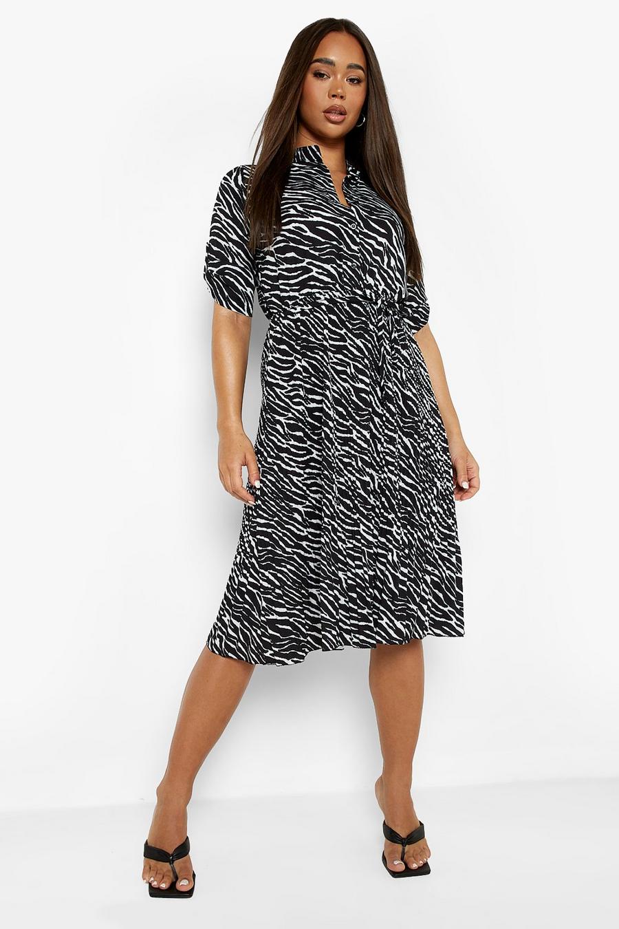 Black Zebra Print Pleated Midaxi Shirt Dress image number 1