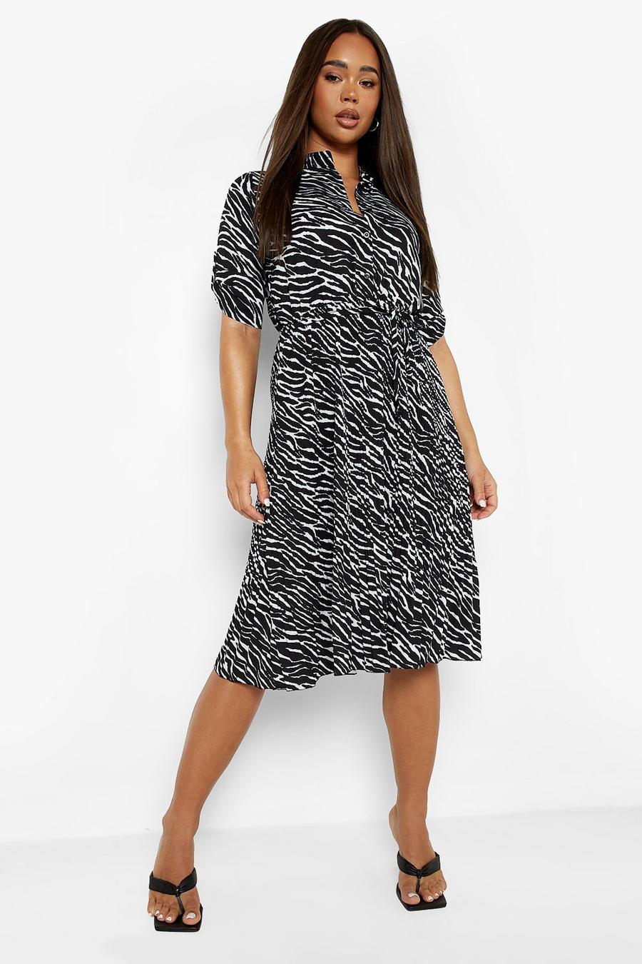 Black Zebra Print Pleated Midi Shirt Dress image number 1