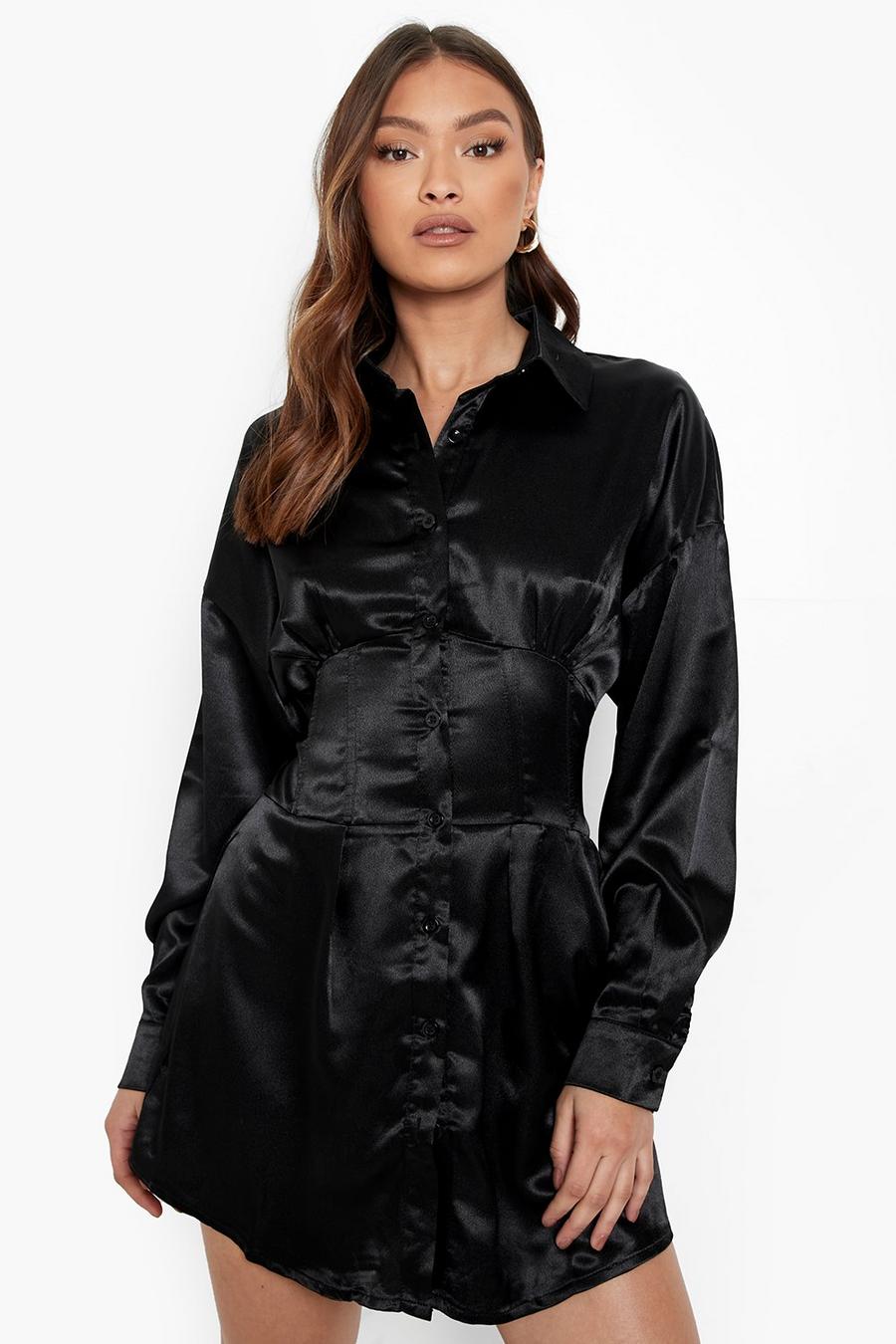 Black Satin Corset Waist Detail Shirt Dress image number 1