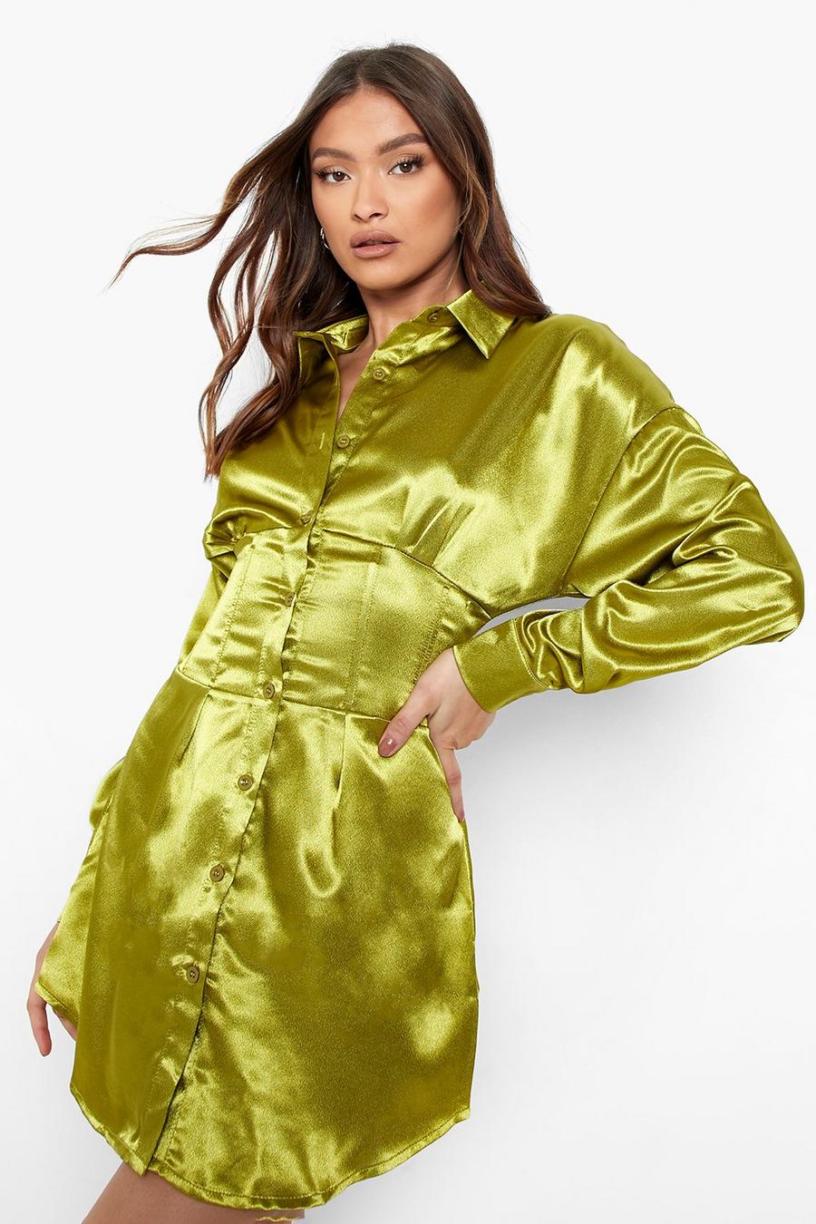 Chartreuse gul Satin Corset Waist Detail Shirt Dress