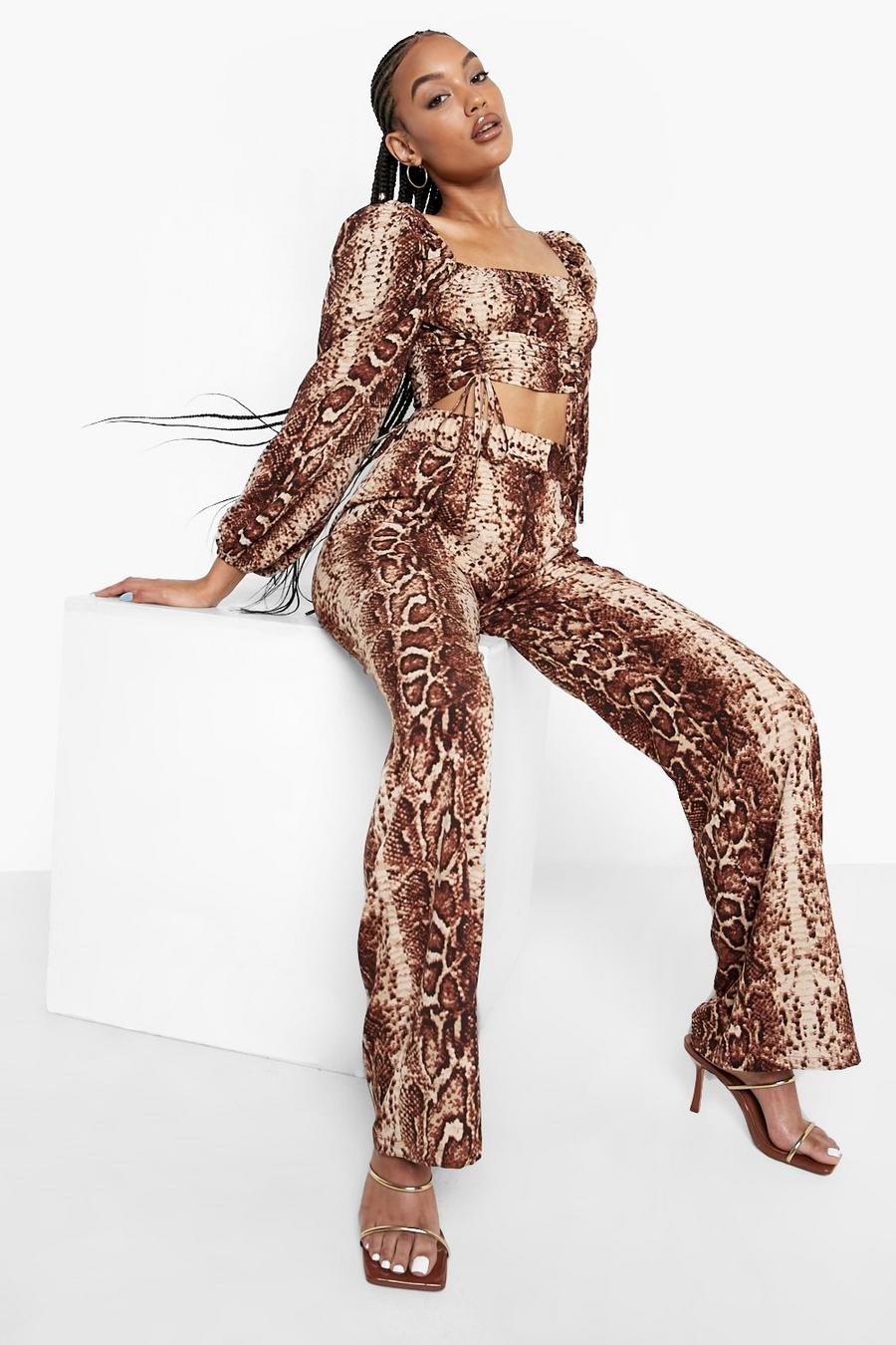 Brown Snake Print Wide Leg Trousers image number 1