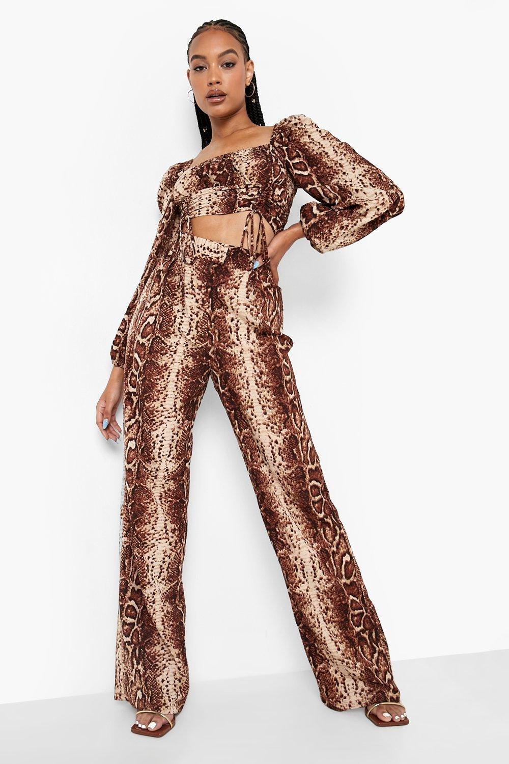 Orange Snake Print Slinky Flare Leg Trousers, Trousers