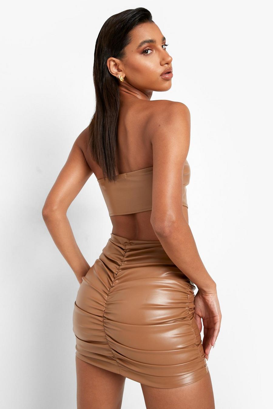 Caramel beige Mix & Match Faux Leather Ruched Mini Skirt