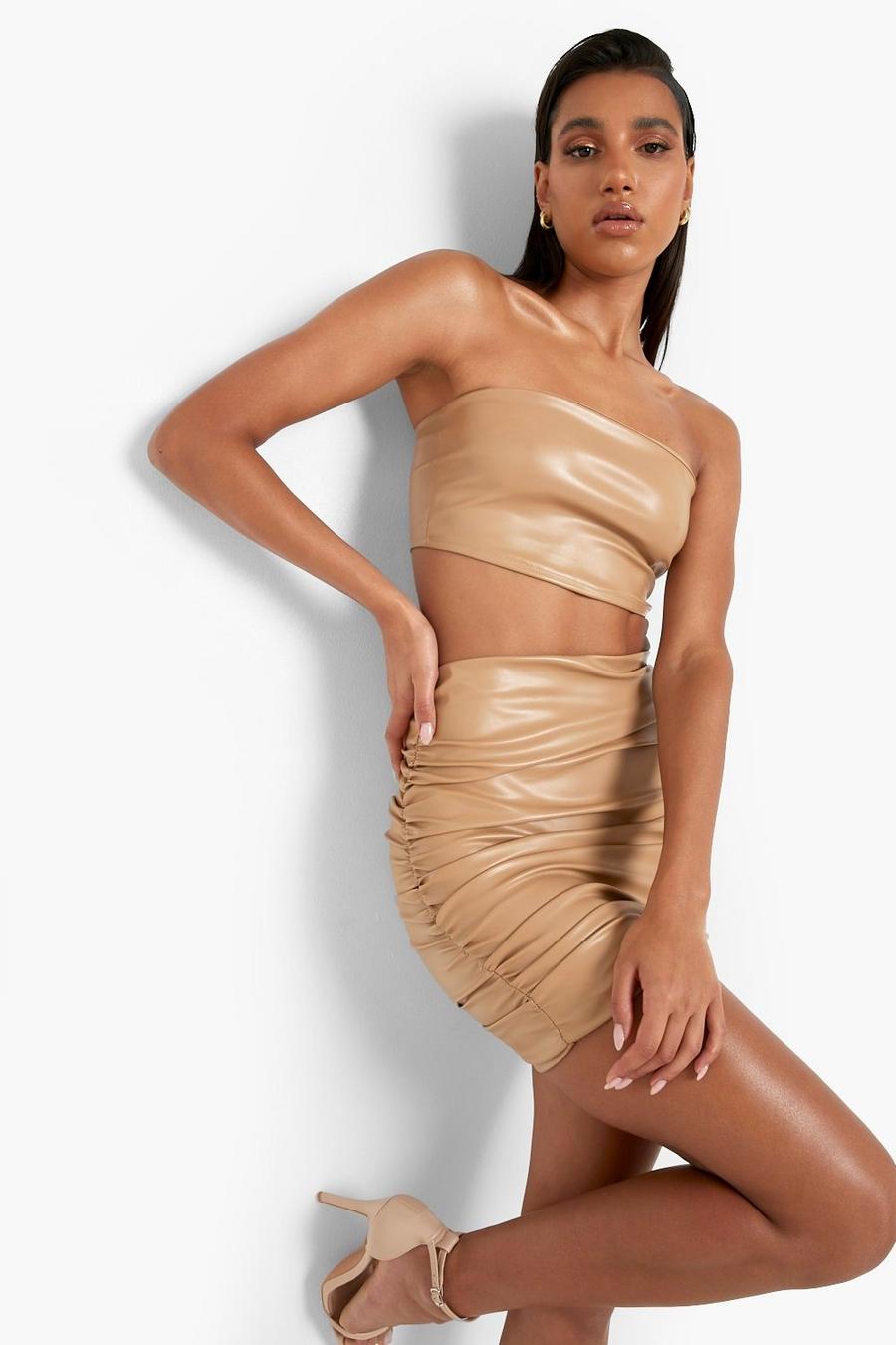 Sand beis Mix & Match Leather Look Ruched Mini Skirt