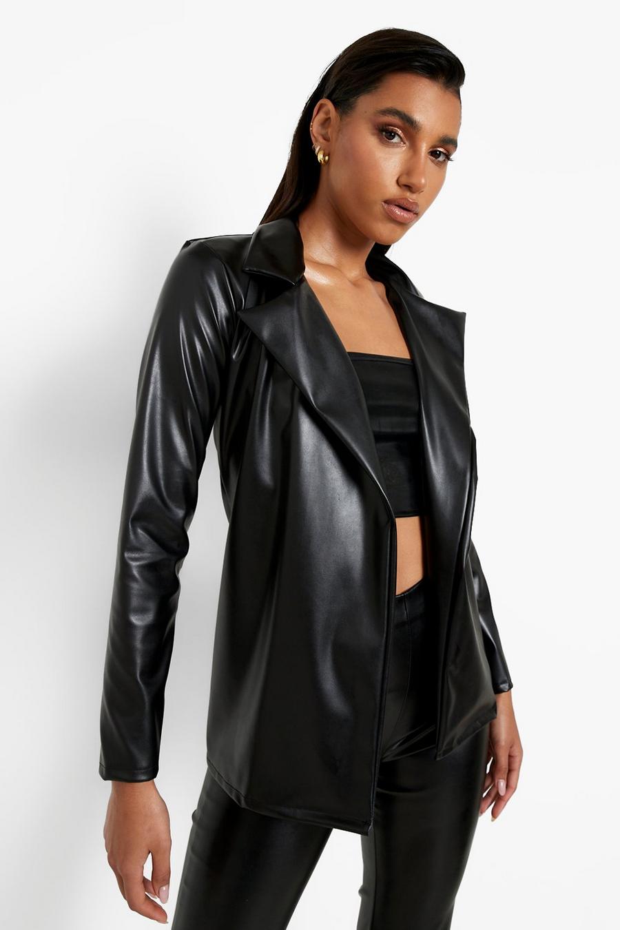 Black Mix & Match Leather Look Longline Blazer image number 1