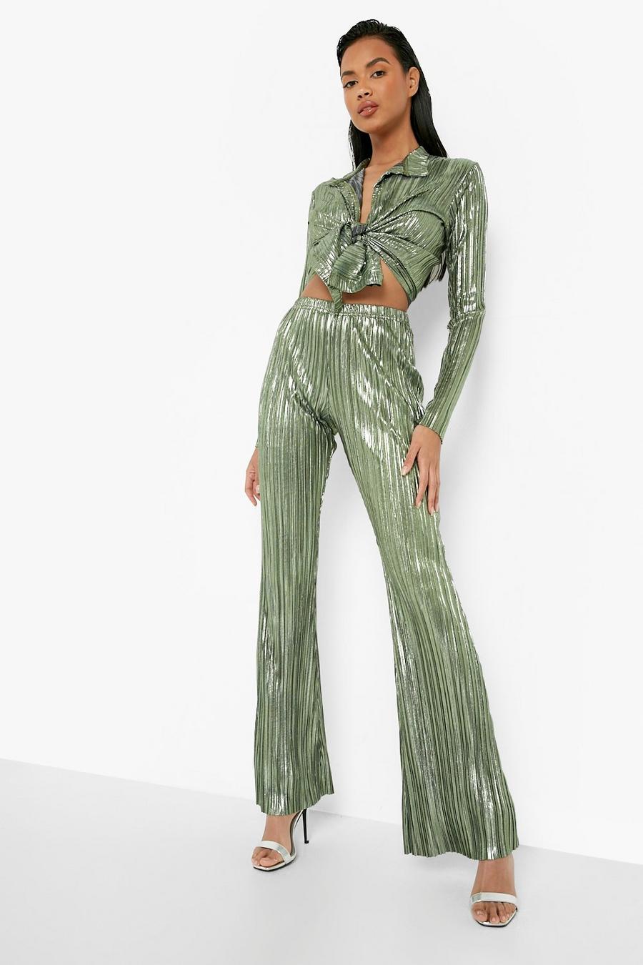 Pantaloni a zampa metallizzati plissettati, Emerald image number 1