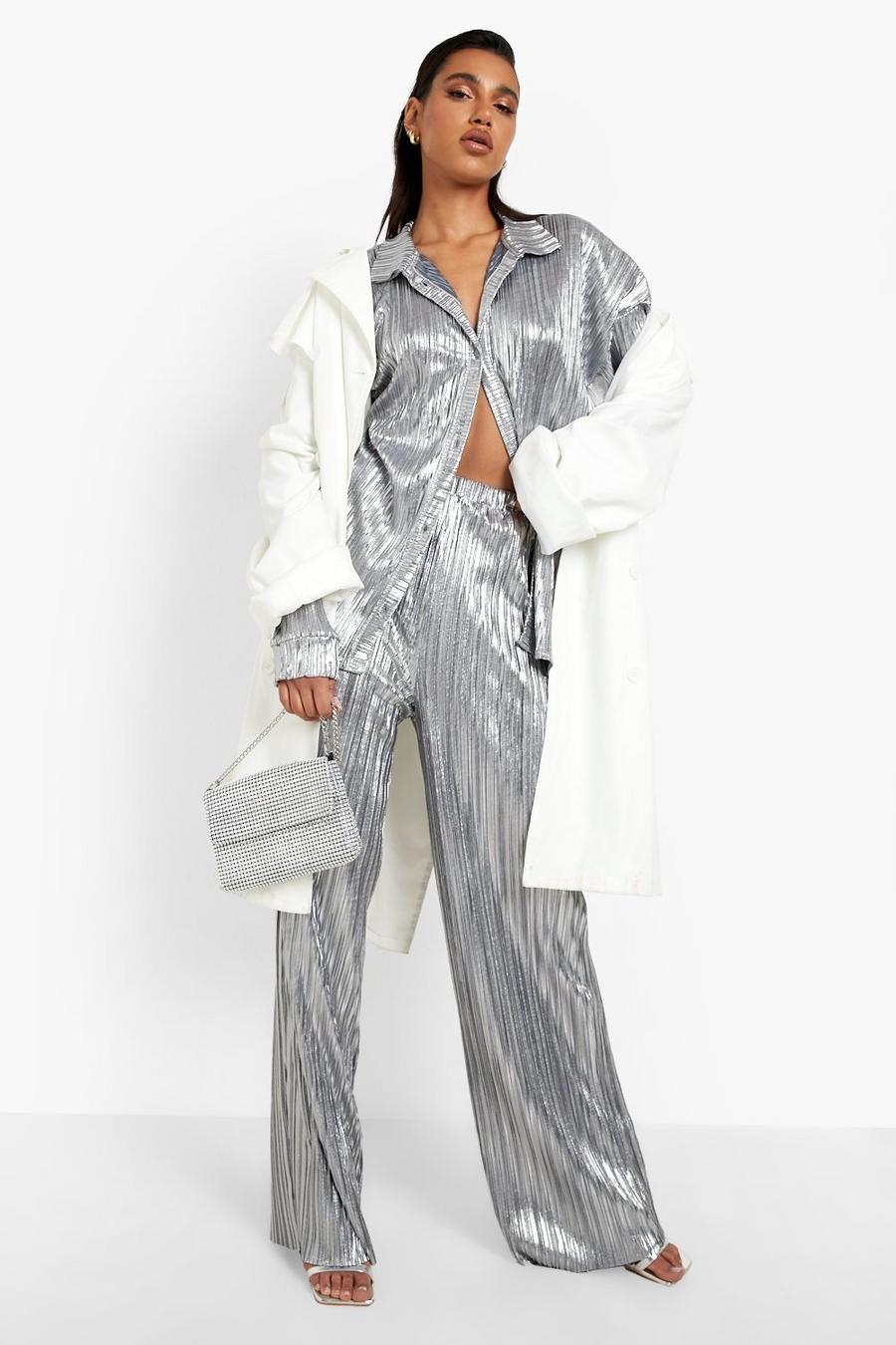 Pantalon large effet plissé métallisé, Silver image number 1