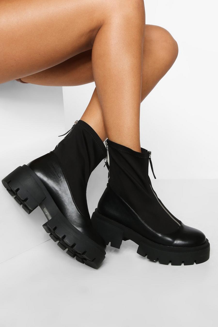Black Wide Fit Zip Chunky Scuba Sock Boots image number 1