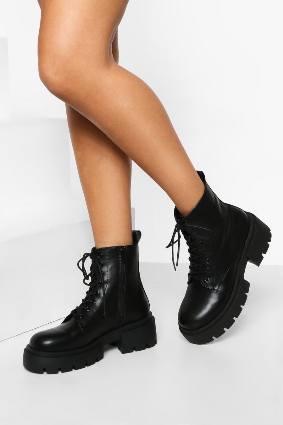 Black Wide Fit Chunky Pu Hiker Boots image number 1