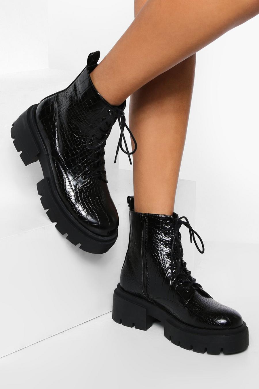 Black Wide Fit Chunky Croc Hiker Boots image number 1
