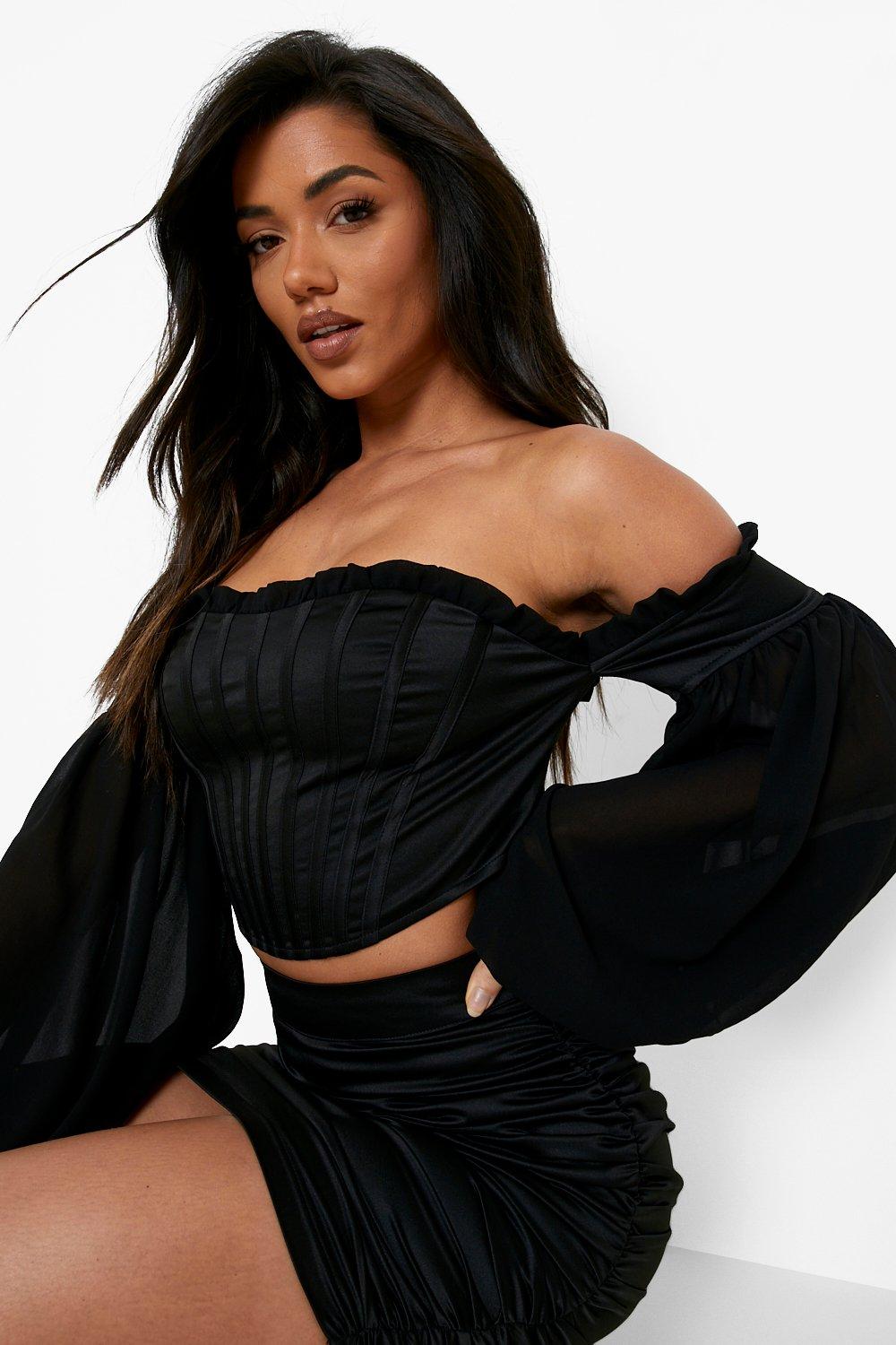 Black Bardot Balloon Sleeve Corset Jumpsuit