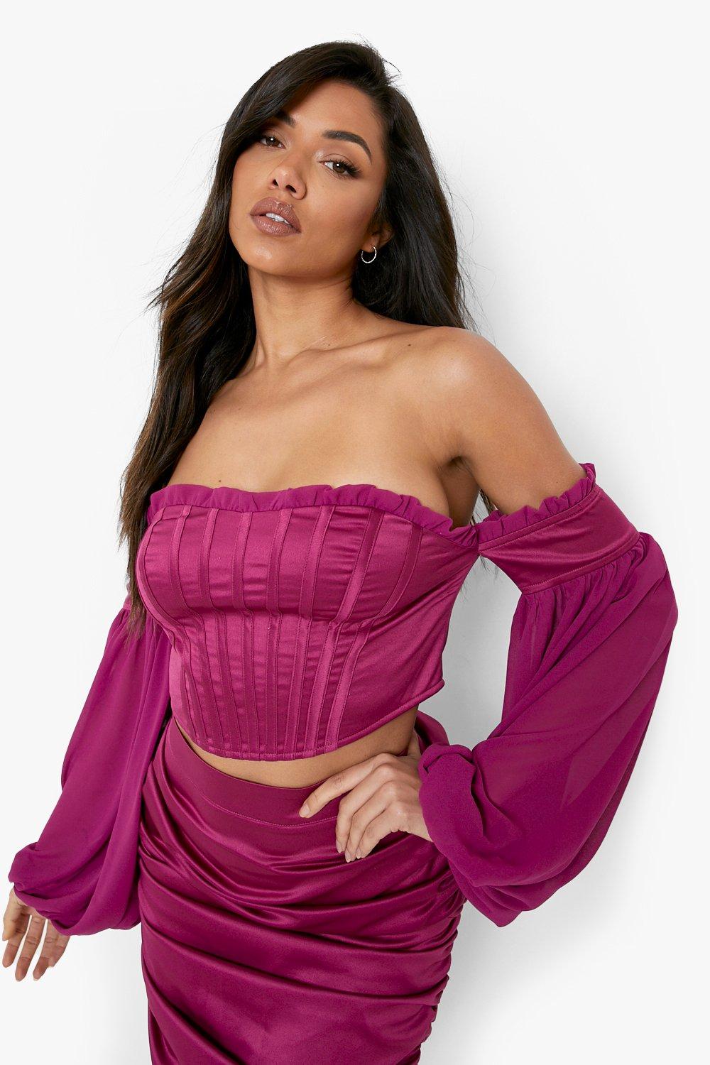 Satin Bardot Balloon Sleeve Corset Crop Top boohoo