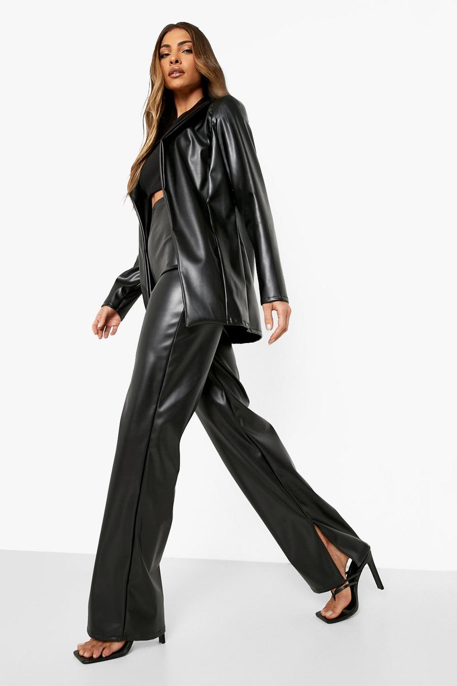 Black Mix & Match Leather Look Split Hem Trousers image number 1