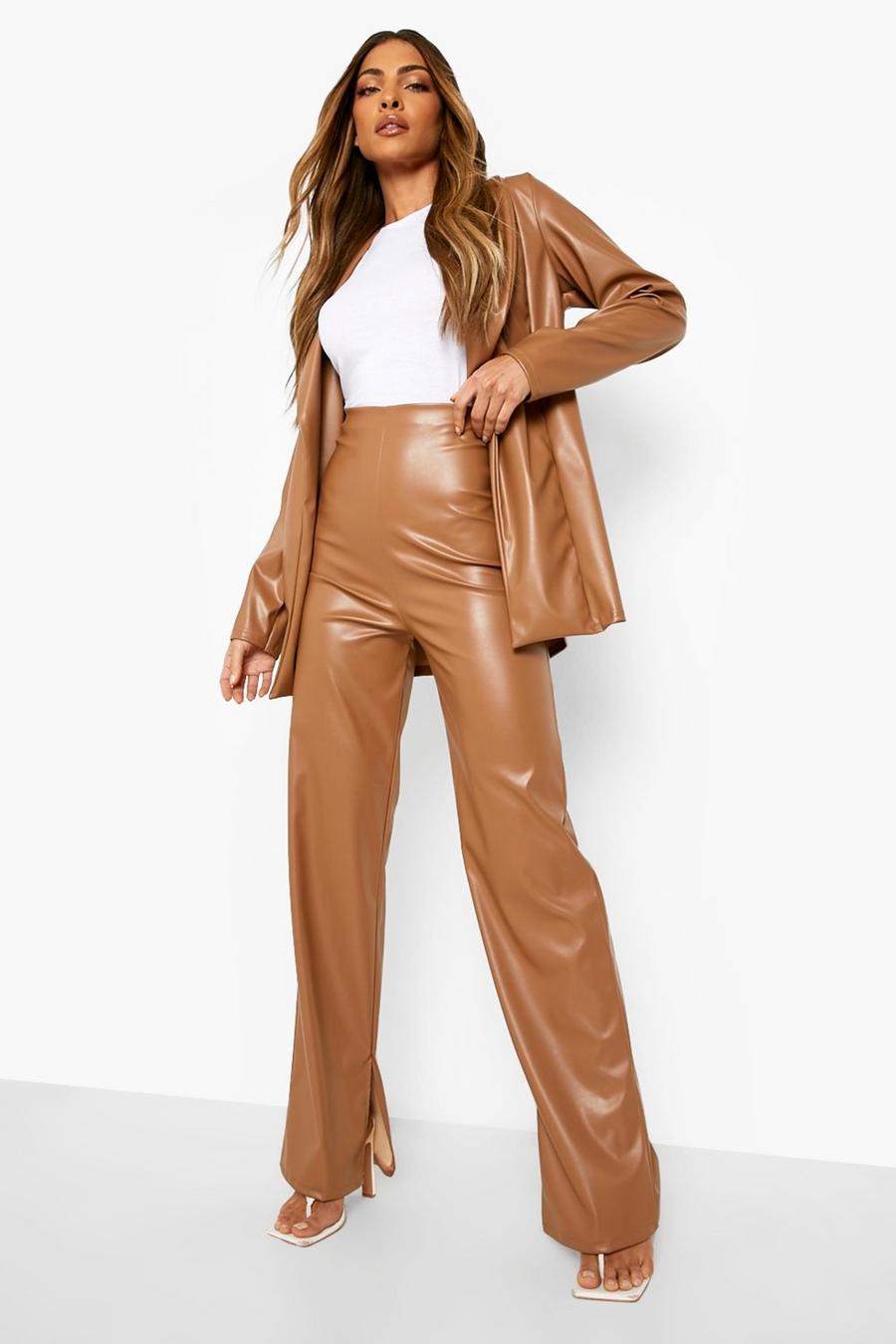 Caramel beige Mix & Match Leather Look Split Hem Trousers