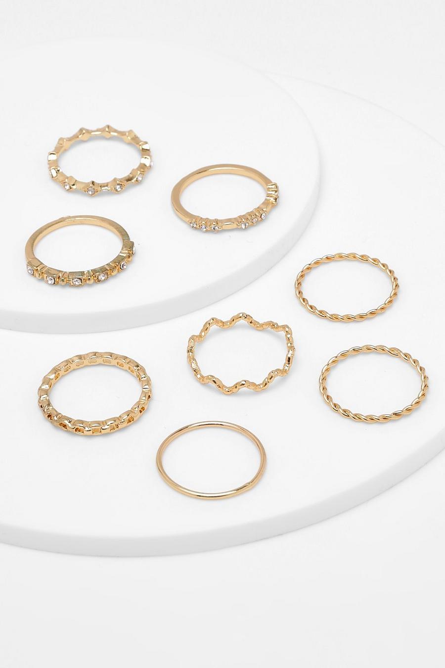 Pack de 8 anillos dorados ondulados apilables, Gold image number 1