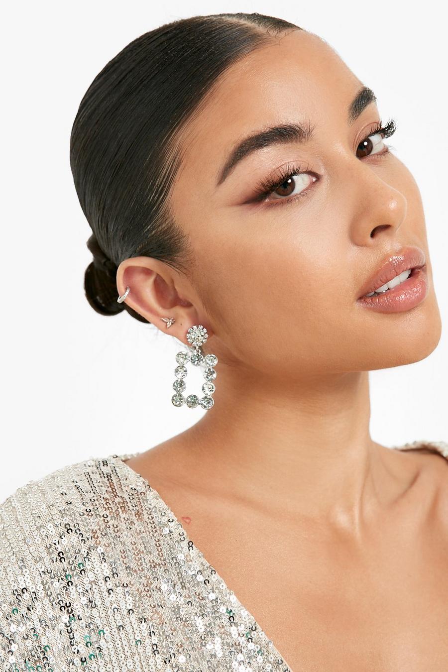 Silver Diamante Embellishd Drop Square Earrings image number 1