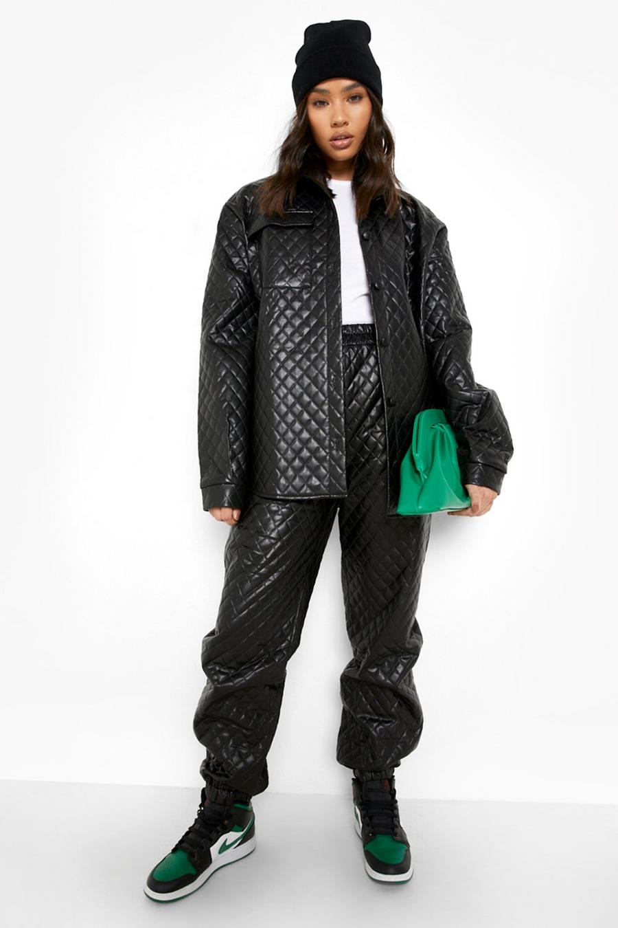 Black Quilted Leather Look Cuffed Track Pants image number 1