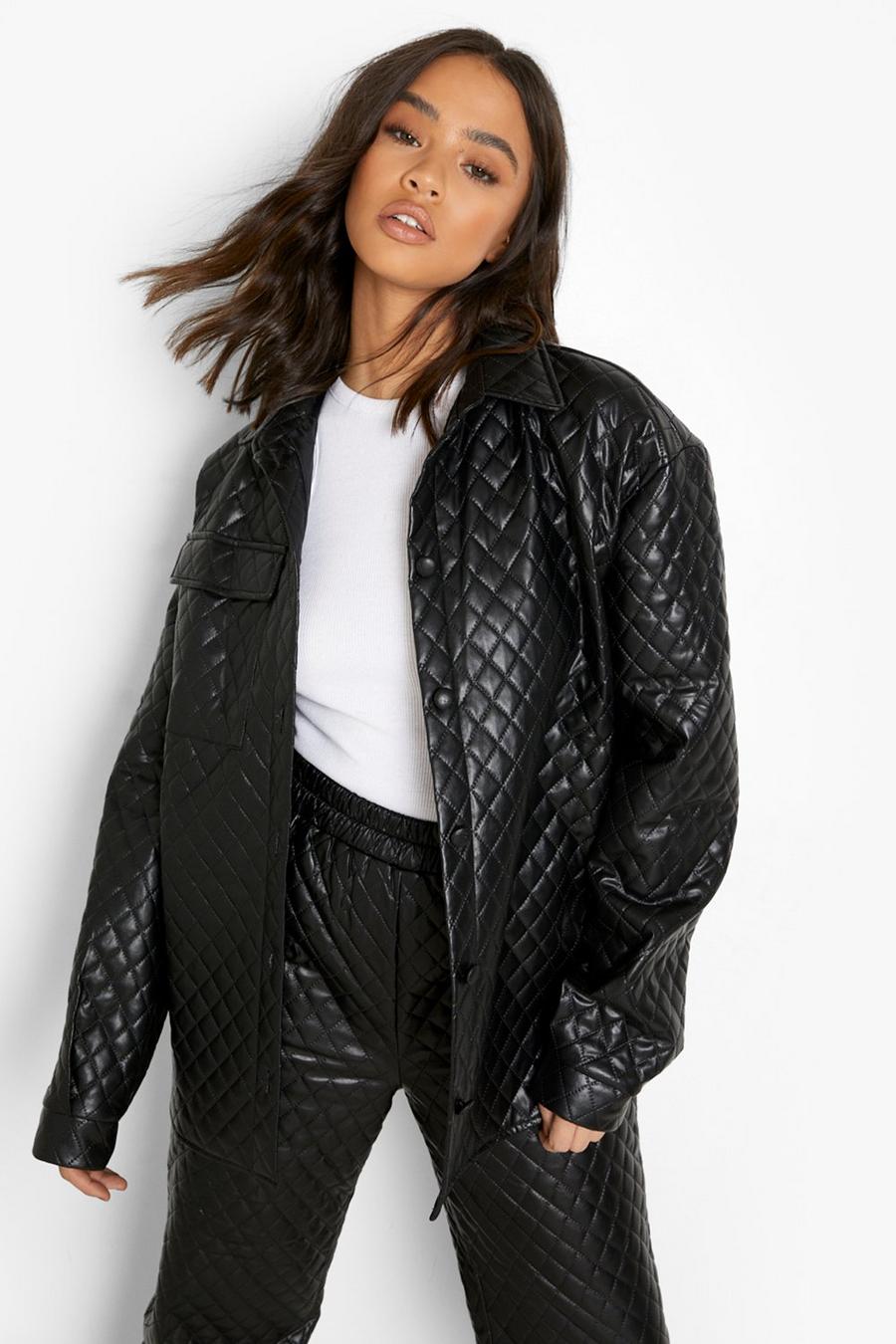Black Quilted Faux Leather Oversized Shacket image number 1