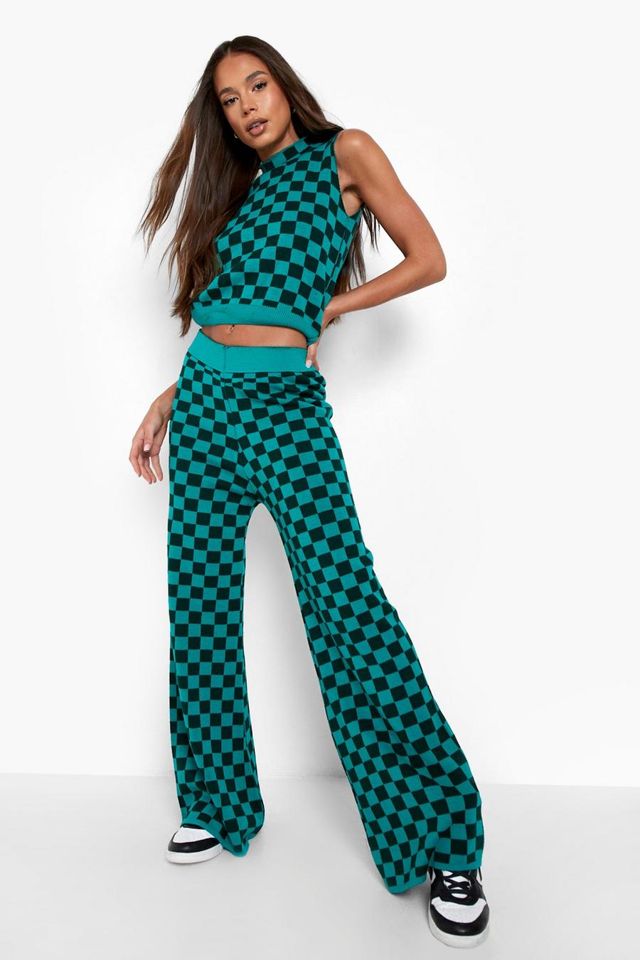 Green Check Knitted Flares Co-ord image number 1
