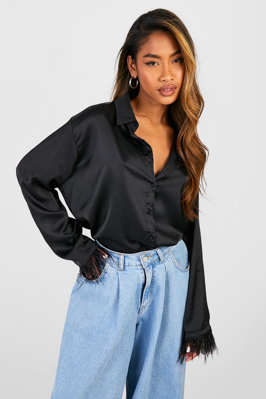 Black Feather Cuff Satin Shirt image number 1