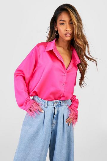 Pink Feather Cuff Satin Shirt