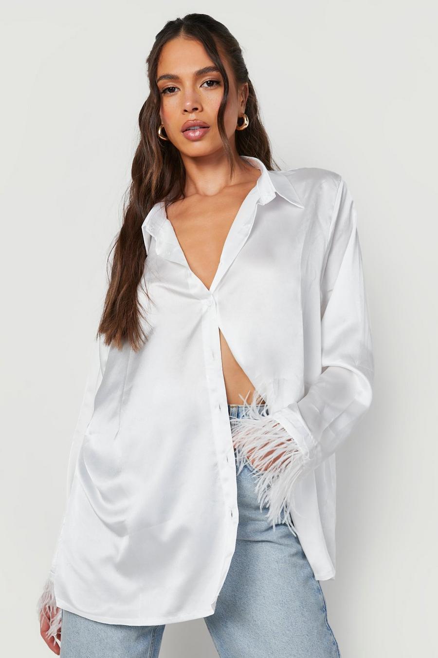 White Feather Cuff Satin Shirt image number 1