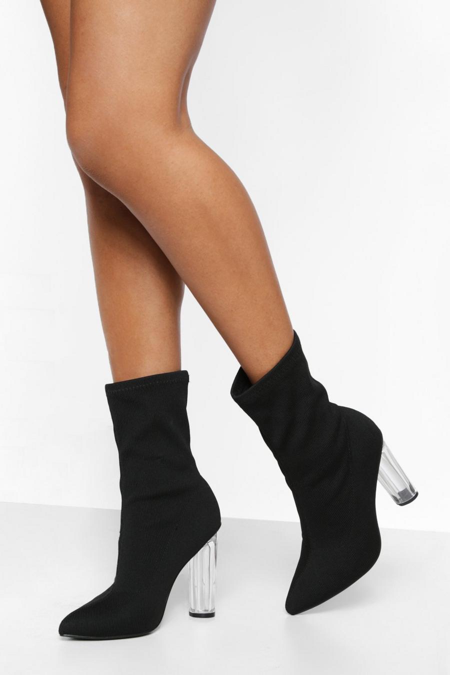 Black Clear Heel Pointed Sock Boots image number 1