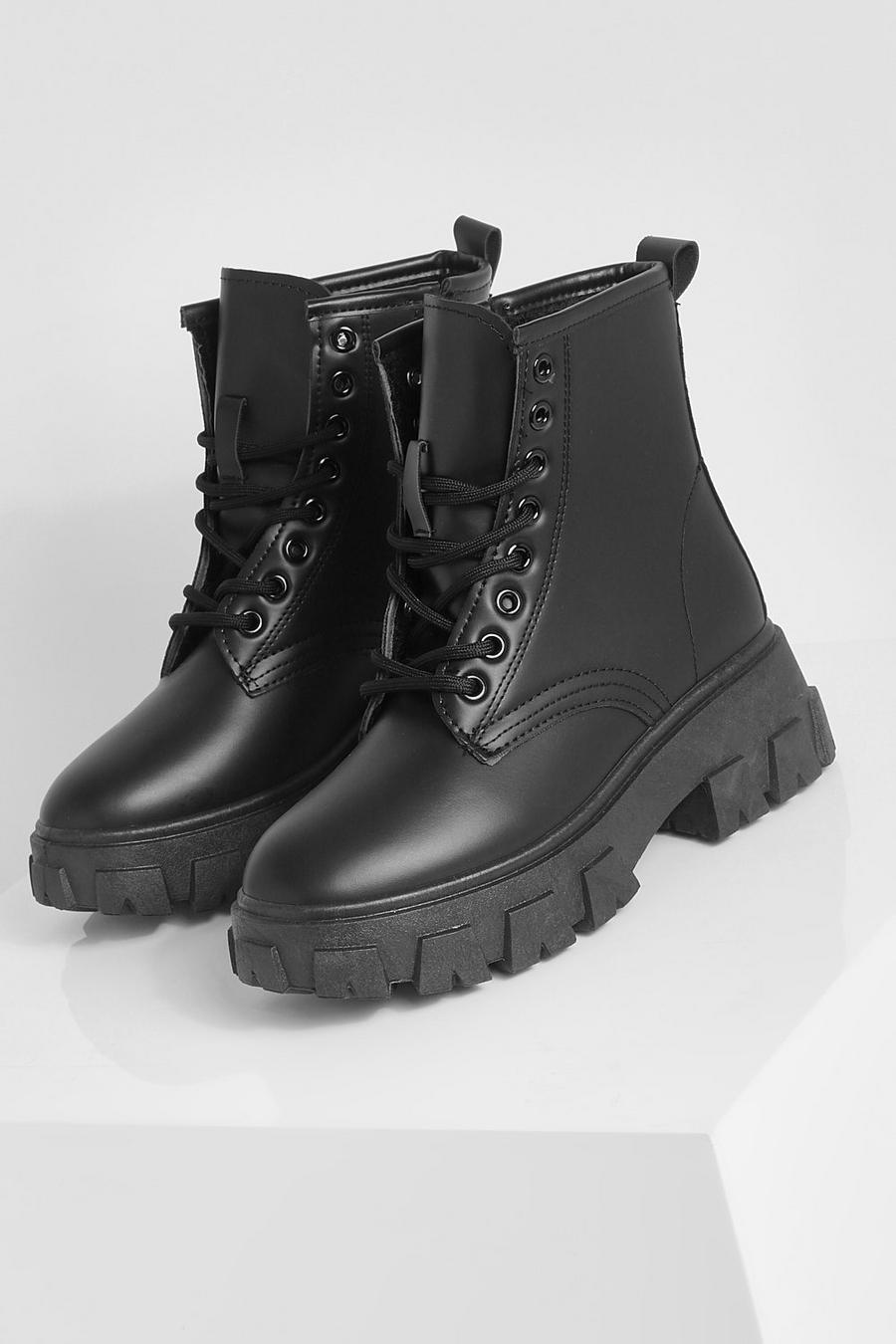 Black Chunky Cleated Sole Combat Boots image number 1