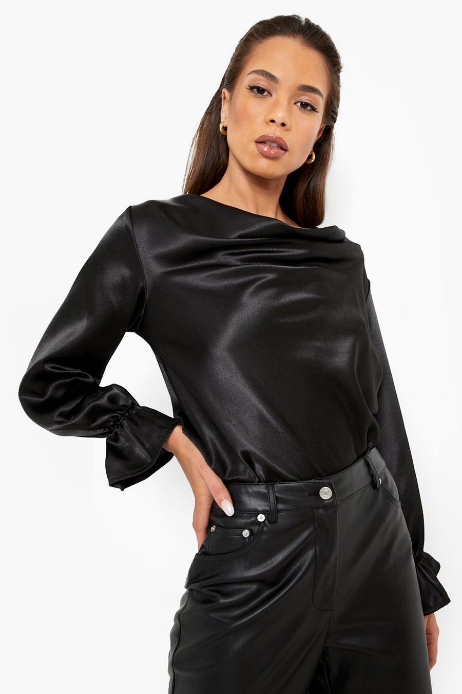 Black Satin Cowl Neck Flared Cuff Blouse image number 1