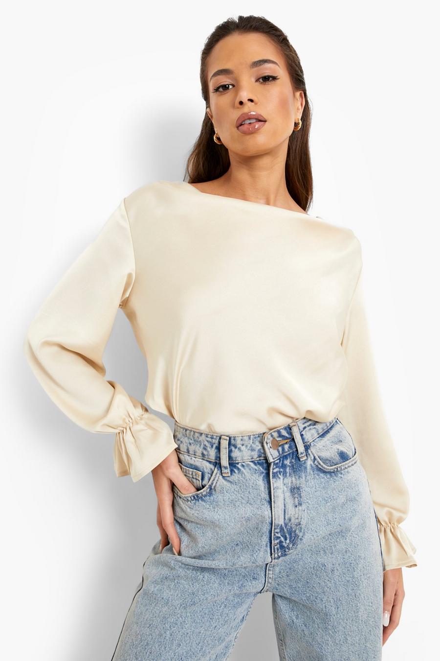 Oyster Satin Cowl Neck Flared Cuff Blouse image number 1