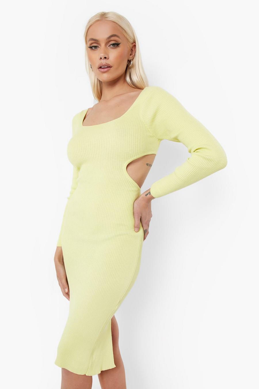 Lime Knitted Cut Out Detail Midi Dress image number 1
