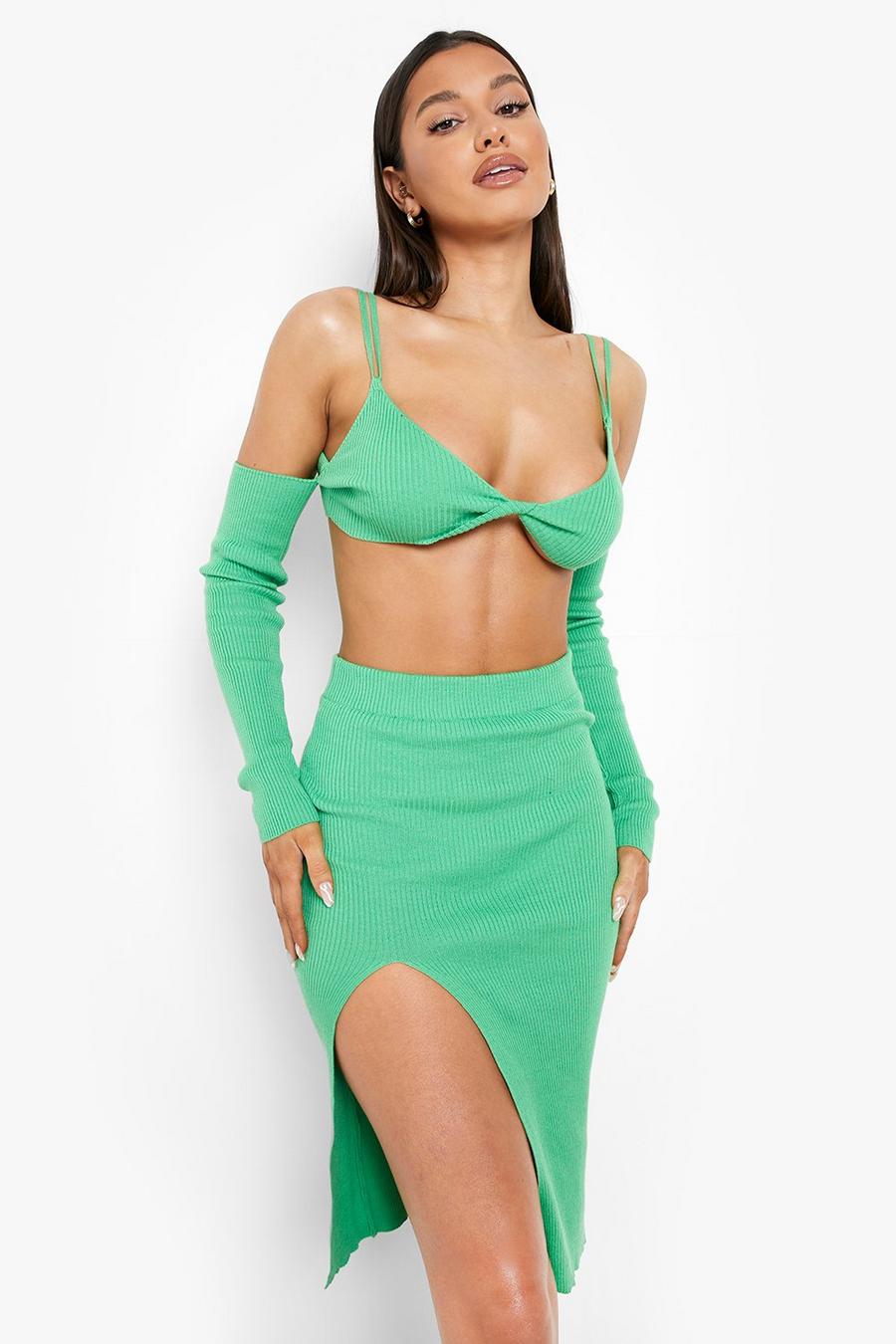 Green Knitted Crop And Skirt Co-ord image number 1