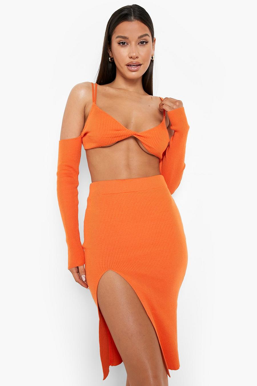 Orange Knitted Crop And Skirt Co-ord image number 1