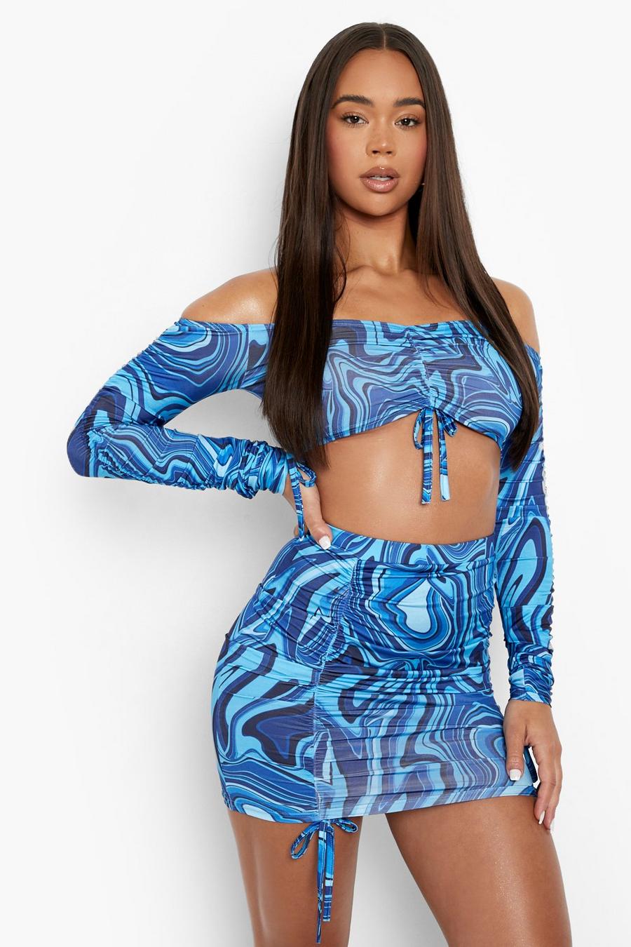 Electric blue Marble Print Ruched Crop & Mini Skirt image number 1