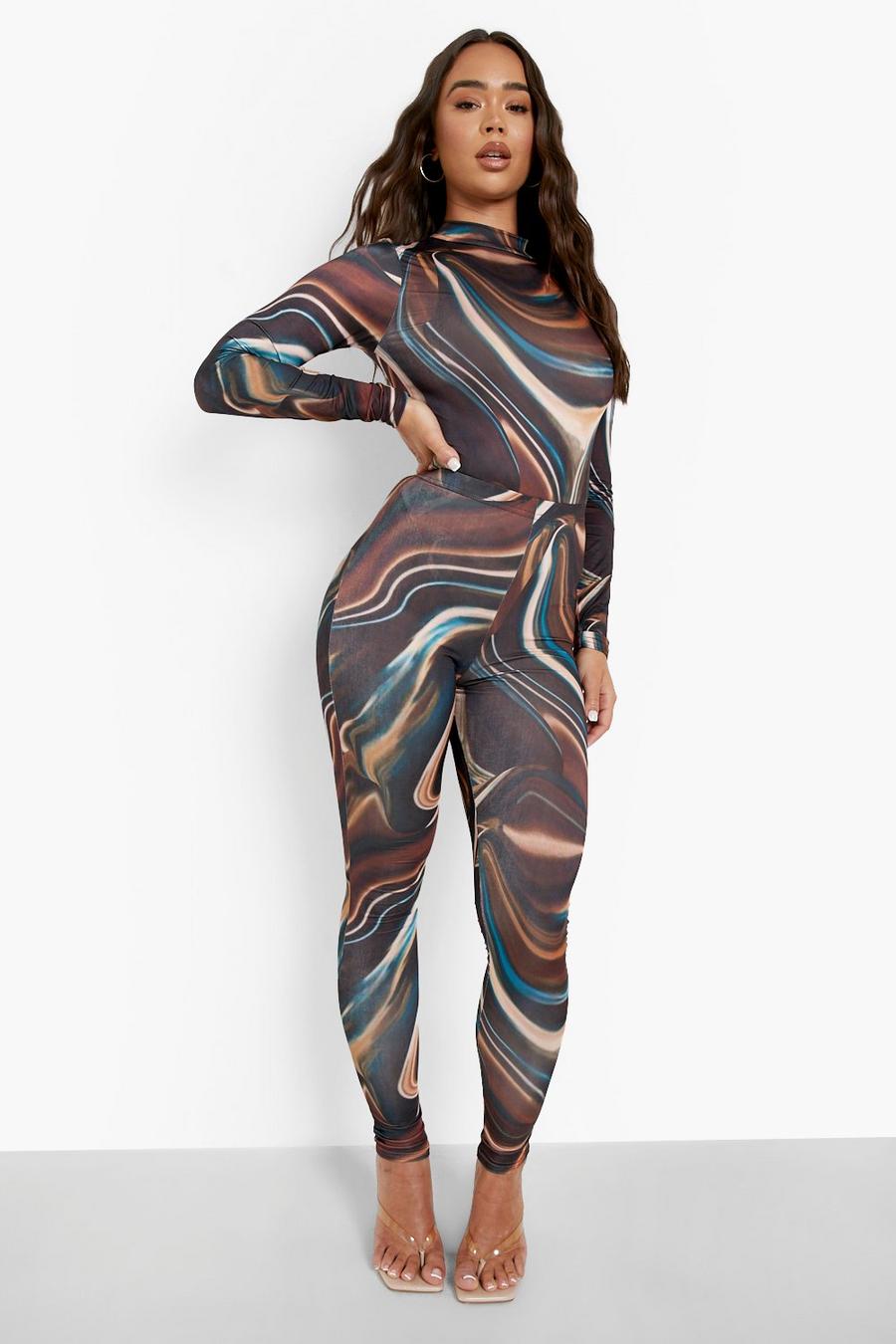 Chocolate Marble Print High Neck Body & Leggings image number 1