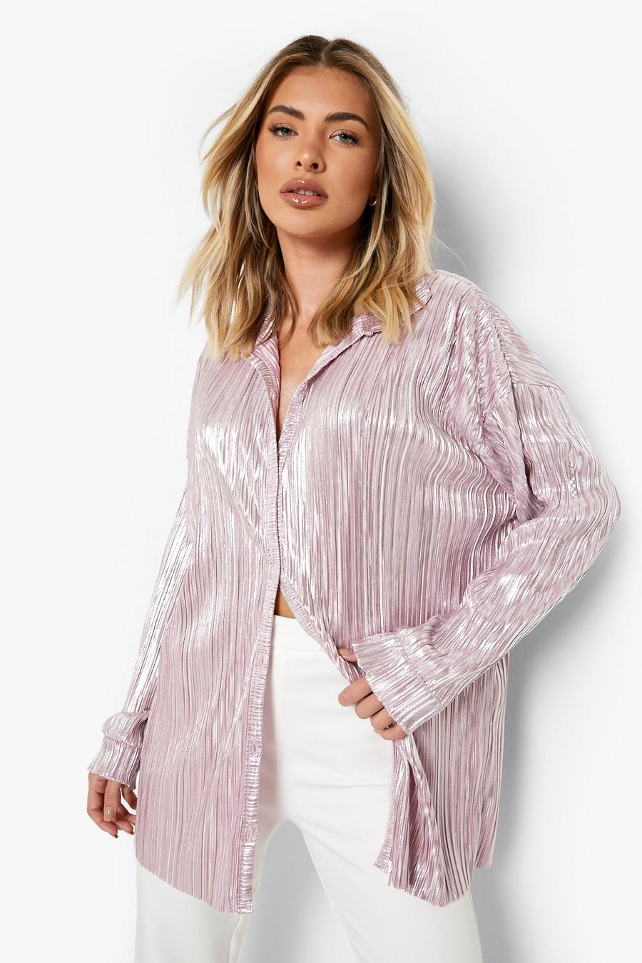 Pink Metallic Plisse Oversized Shirt image number 1