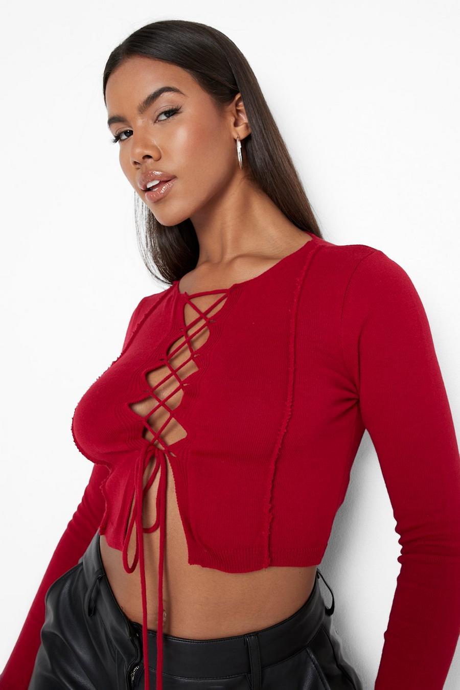 Red Lace Up Back Long Sleeve Crop Top