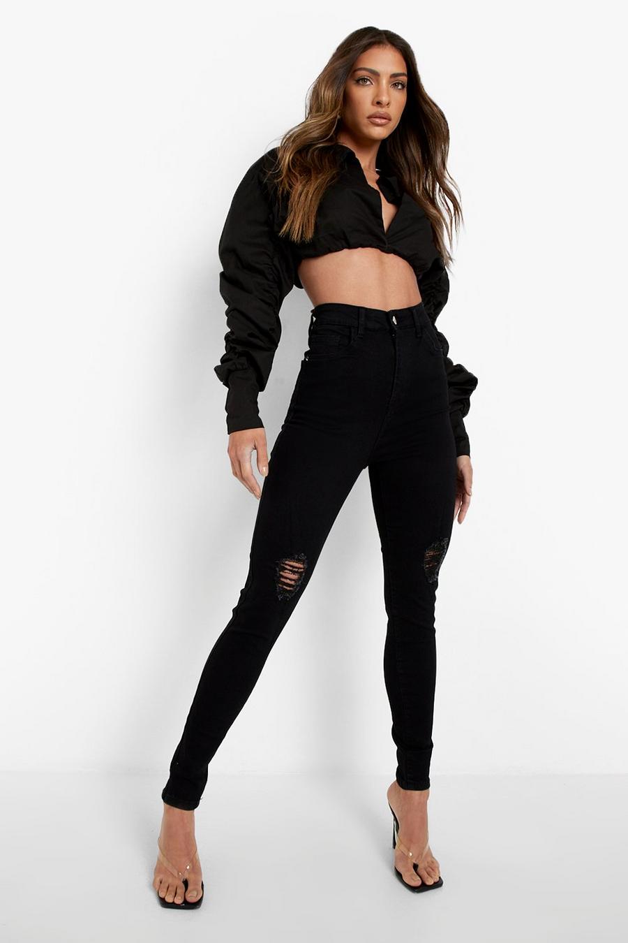 Black High Waisted Distressed Skinny Jeans image number 1