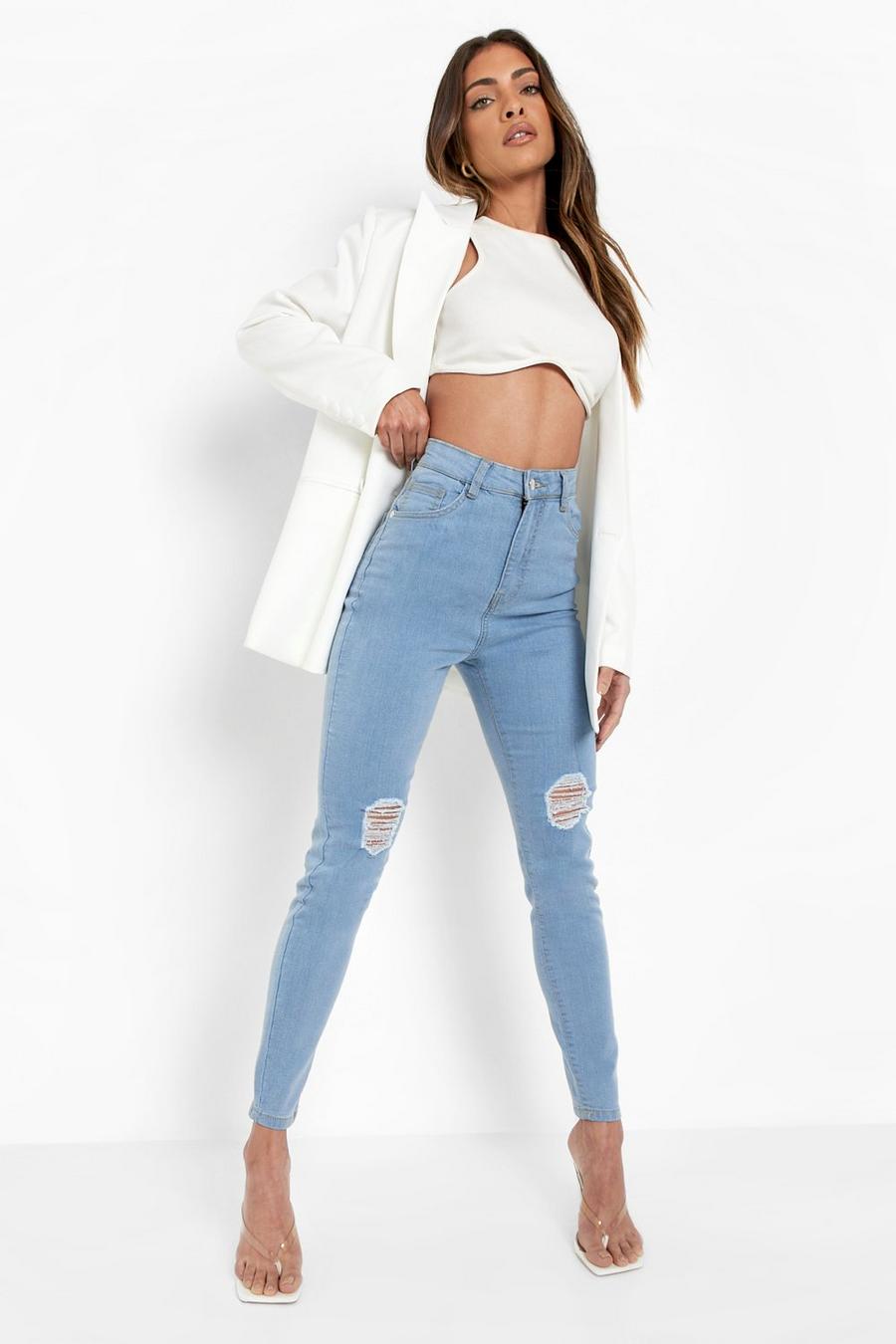 Light blue High Waisted Distressed Skinny Jeans image number 1