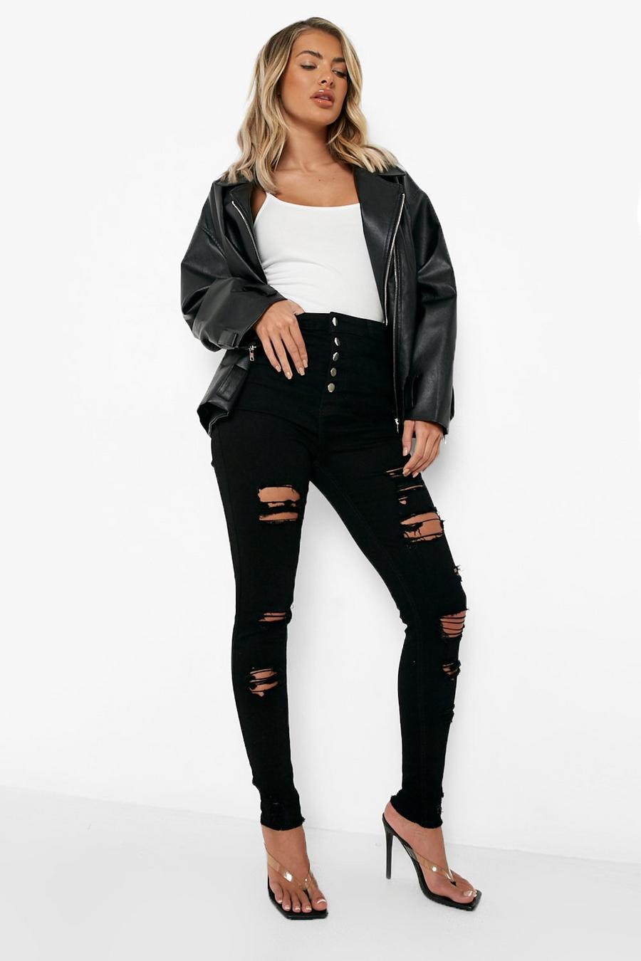 Black Sustainable Button Front Ripped Skinny Jeans