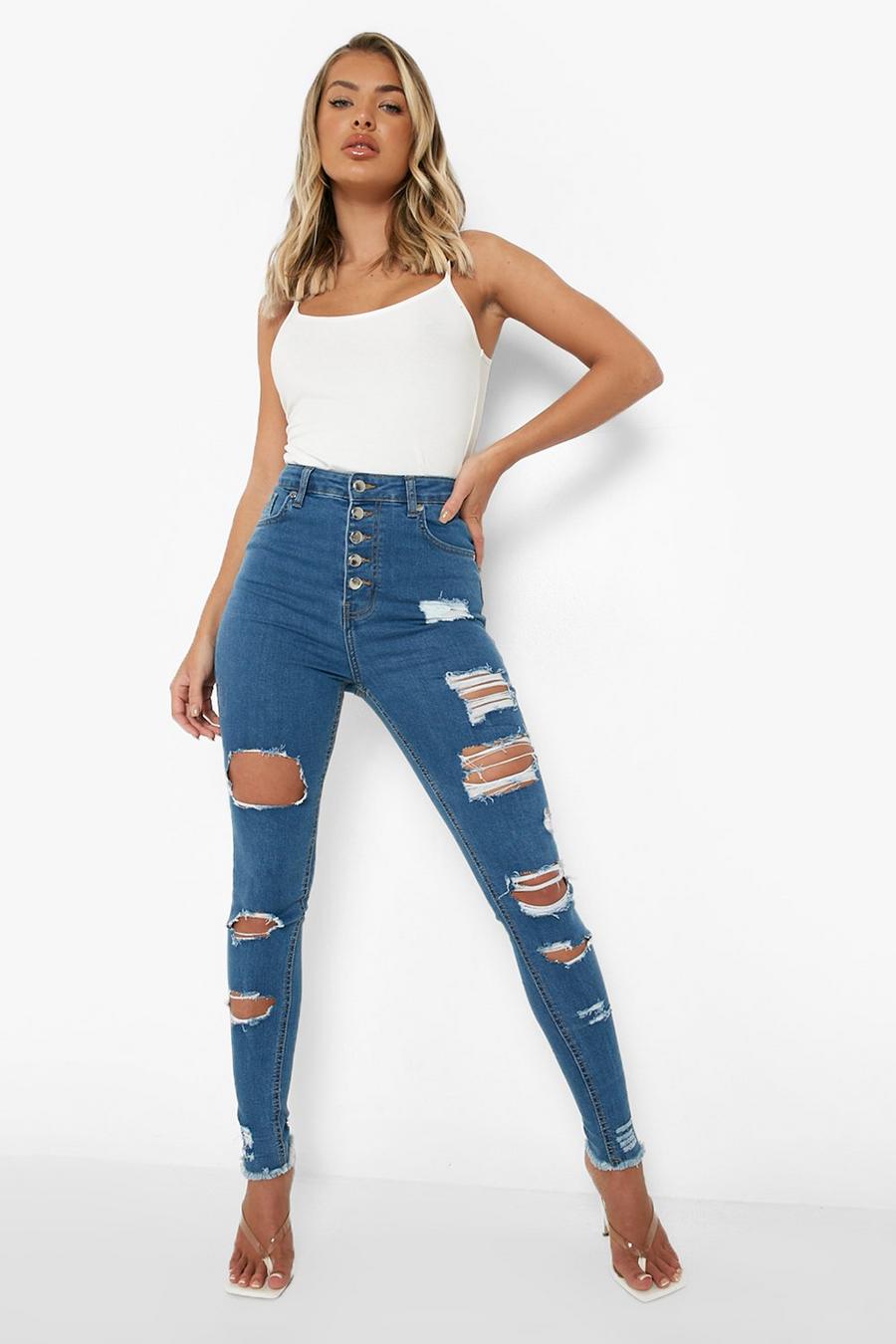 Nachhaltige zerrissene Skinny Jeans mit Knopfleiste, Mid blue image number 1