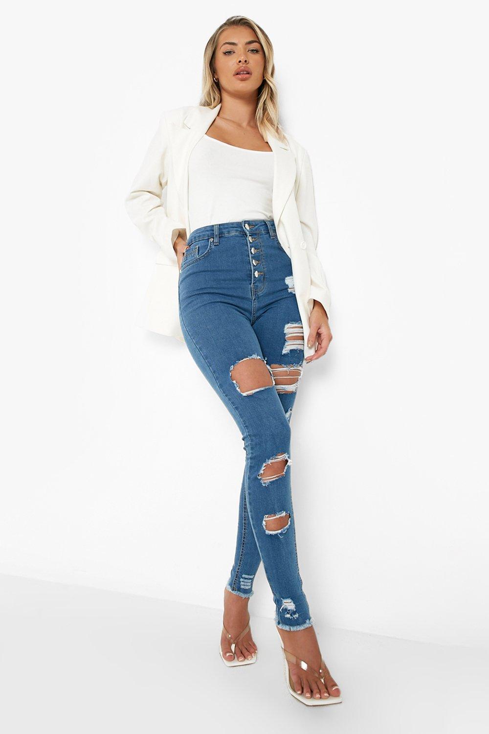 Basic Frayed Hem Super Distressed Skinny Jeans