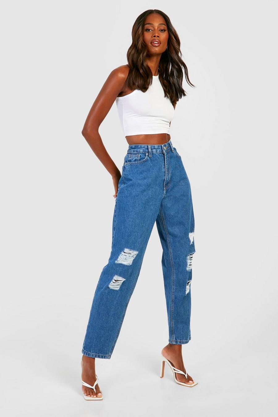 Mid blue High Waisted 100% Cotton Mom Jeans image number 1