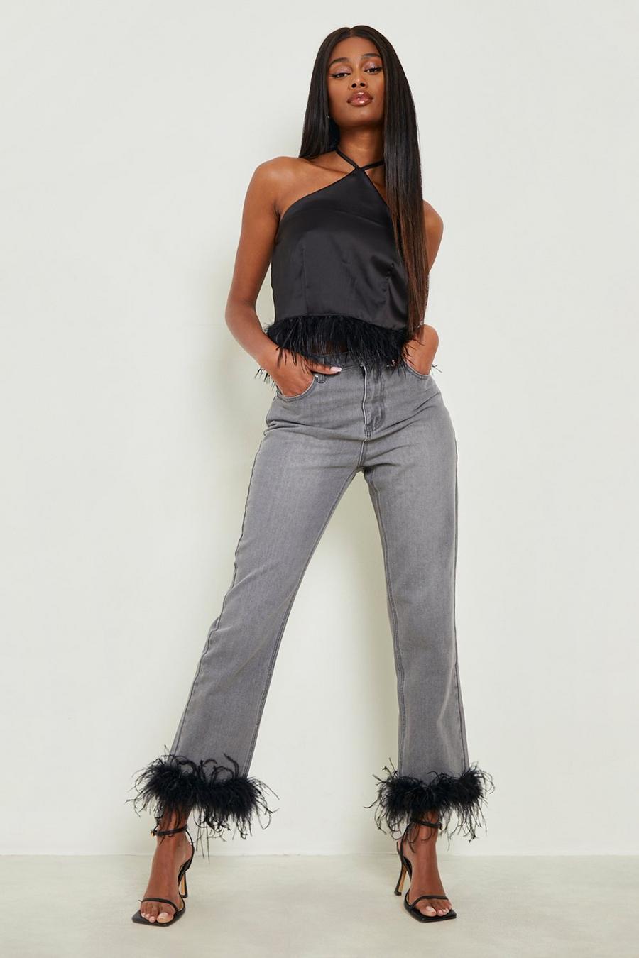 Grey Feather Trim High Waist Straight Leg Jeans image number 1