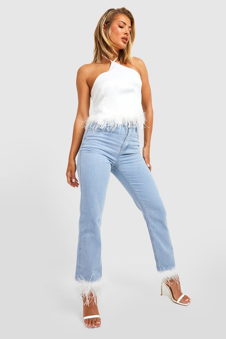 Mid blue Feather Trim High Waist Straight Leg Jeans image number 1